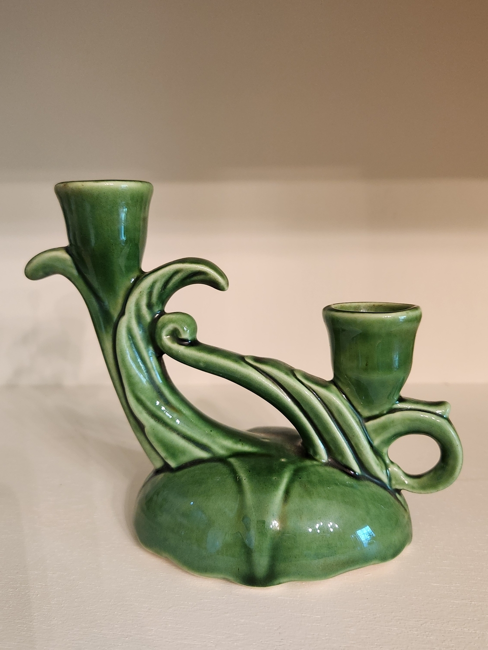 Glazed Green Ceramic Double Taper Candle Holder